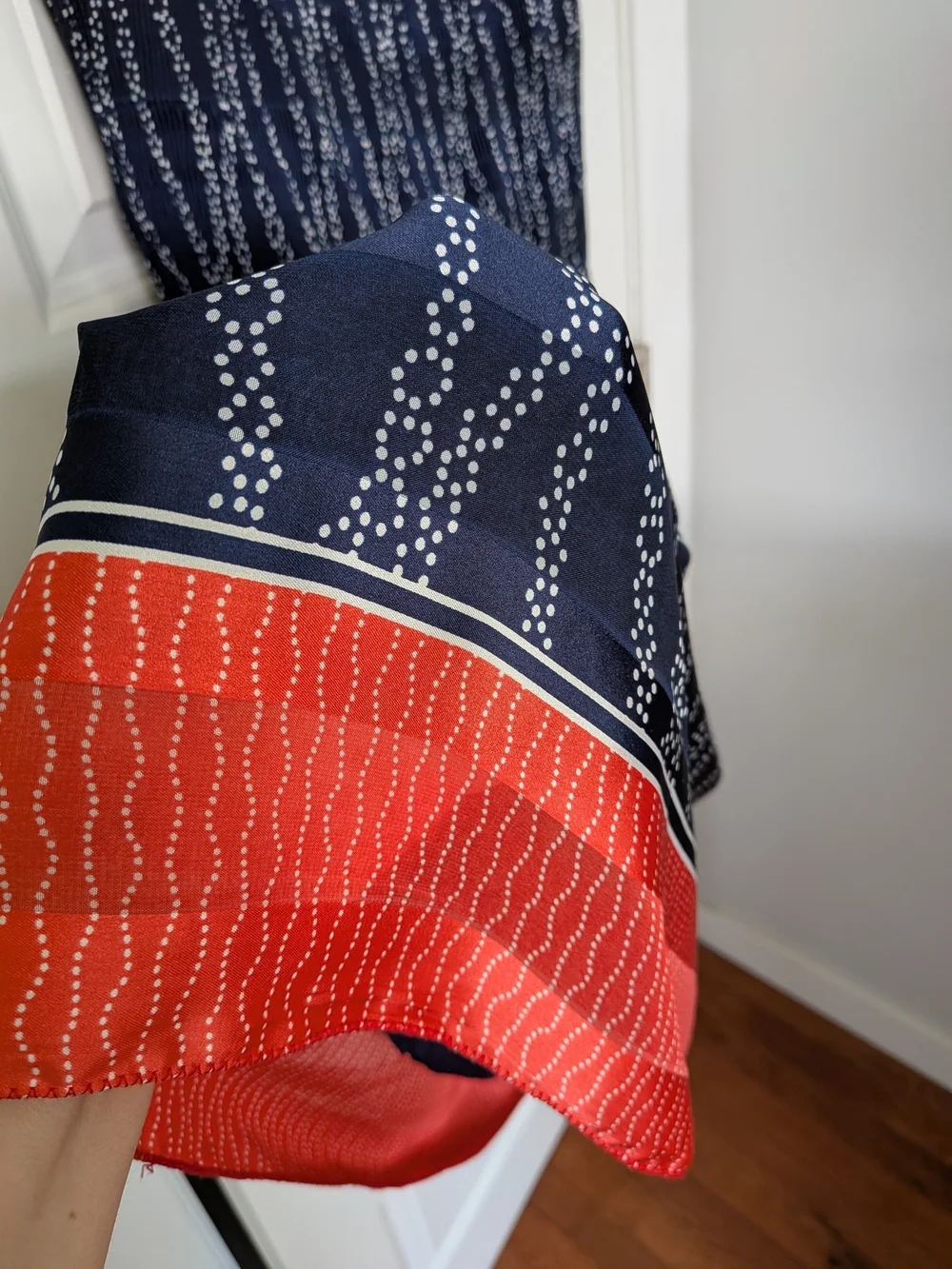 Navy Printed Cap-Sleeve Dress with Coral Hem - Picture 4 of 9